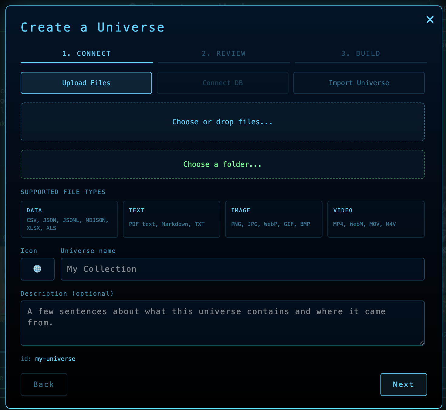 The Create a Universe dialog listing supported file types: spreadsheets, documents, images, and video