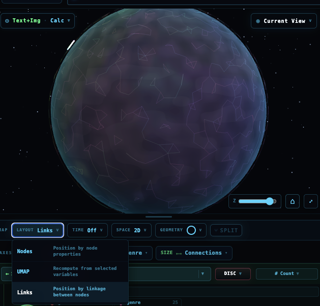 A wireframe globe layout with the layout menu open, showing Nodes, UMAP, and Links modes