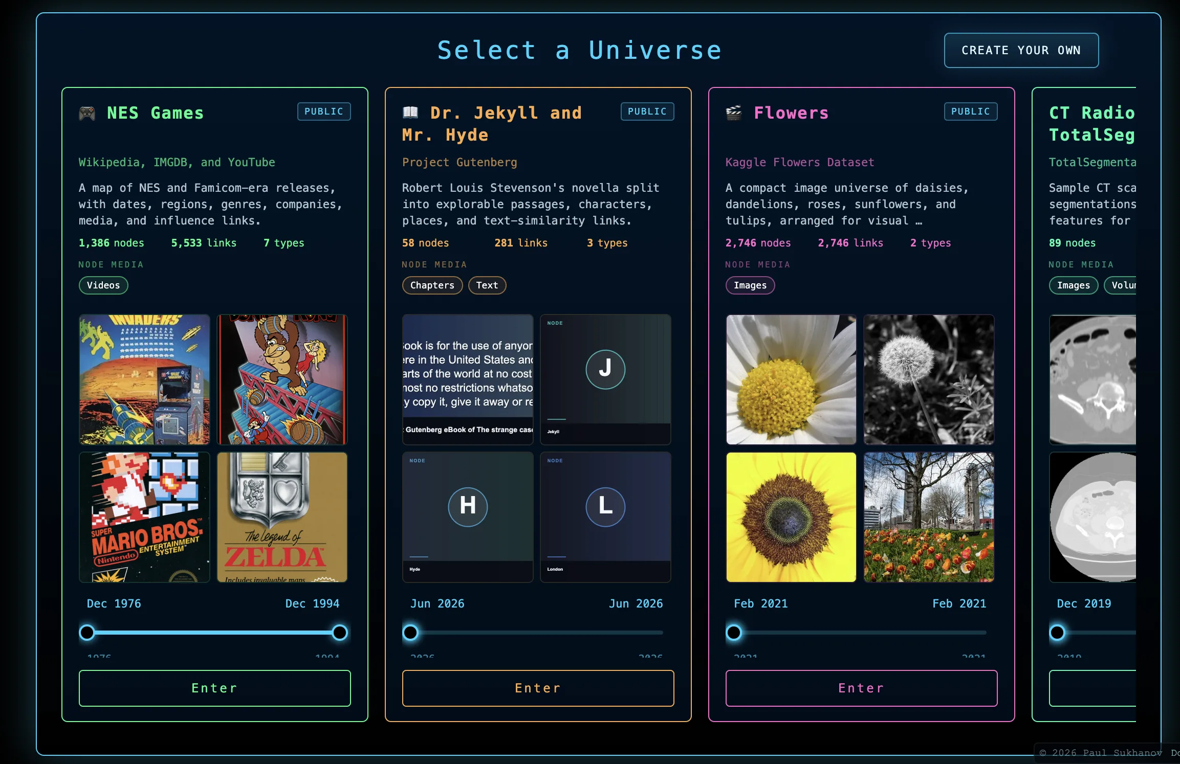 The Cronologies universe picker showing several universes to explore, including NES Games, Jekyll and Hyde, Flowers, and CT Radiology
